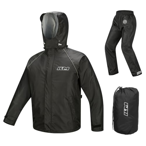 ILM Regenkombi Herren Damen Regenanzug 2-teiliges Set Wasserdichte Regenjacke Regenhose für Motorrad Fahrrad Fischen Wandern Camping Versteckte Schuhabdeckung Reflektierend Modell RS03,Schwarz,XL von ILM