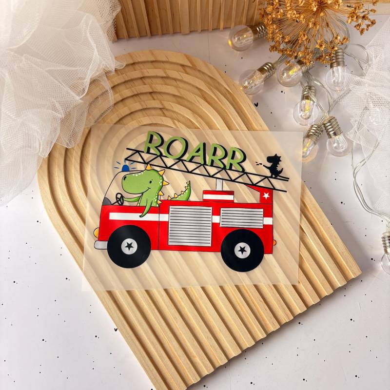 Bügelbild Dino Feuerwehr Auto A5 - Dtf Transfer Bügelpatch Zum Aufbügeln Applikation Patch Ilovegrowi von ILOVEGROWIde