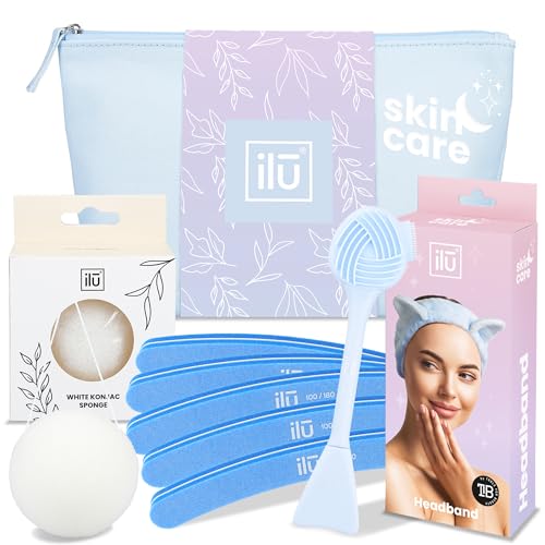 Ilū - Weiches Stirnband Für Make-up Silikon-gesichtsbürste Zur Porenreinigung Konjac Schwamm Für Sanftes Hautpeeling Doppelseitiger Nagelbuffer Und Vegane Kosmetiktasche von ILU