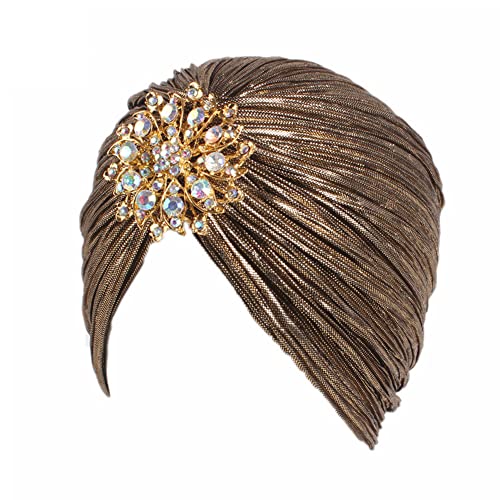 ILUFAM Damen Vintage Turban Hut mit Strass Blume Dekoration Beanie Cap Headwrap für 1920er Jahre Gatsby Kostüm Cocktail Party, Dark Gold, One size von ILUFAM