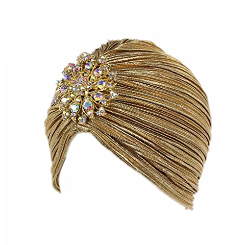 ILUFAM Damen Vintage Turban Hut mit Strass Blume Dekoration Beanie Cap Headwrap für 1920er Jahre Gatsby Kostüm Cocktail Party, gold, One size von ILUFAM