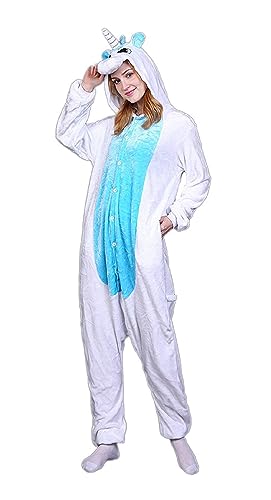 ILWHE Tier Kostüm Jumpsuits Pyjamas Cosplay Kostüm Weihnachten Halloween Schlafanzug für Unisex Erwachsene Jugendliche (L, Blau Einhorn) von ILWHE