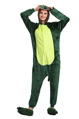 ILWHE Tier Kostüm Jumpsuits Pyjamas Cosplay Kostüm Weihnachten Halloween Schlafanzug für Unisex Erwachsene Jugendliche (M, Grün Dinosaurier) von ILWHE