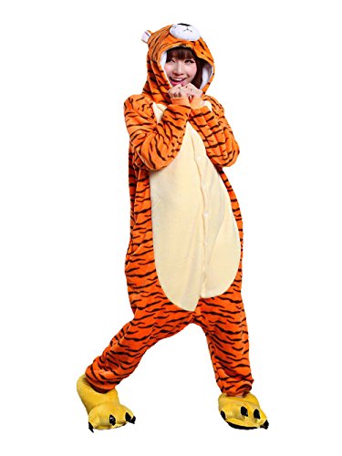 ILWHE Tier Kostüm Jumpsuits Pyjamas Cosplay Kostüm Weihnachten Halloween Schlafanzug für Unisex Erwachsene Jugendliche (S, Tiger) von ILWHE