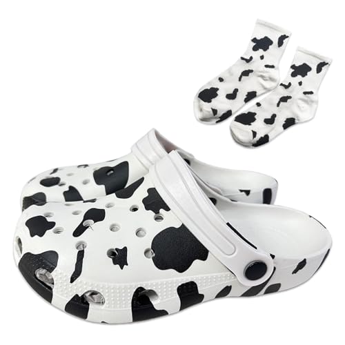 Kuh Hausschuhe Damen Kuh Clogs mit Kuh Socken für Mädchen Bequeme Slip On Wasser Strand Sandalen Indoor Outdoor Hausschuhe Pantoletten, Weiss/opulenter Garten, 9-10 von ILYUFO