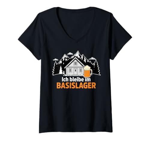 Damen ICH BLEIBE IM BASISLAGER - Bergsteiger Wanderer Berge & Bier T-Shirt mit V-Ausschnitt von IM BASISLAGER - Lecker Bierchen Vacation Club