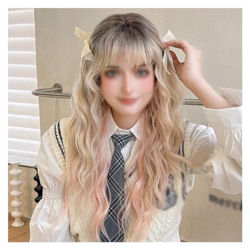 Perücke Mit Pony Damen Lange Gradienten Goldene Welle Perücke Zwanzig Zoll Lockige Wellenförmige Perücke Naturlook Synthetische Thermofaser Perücken eignen sich für den täglichen Partygebrauch Pelucas von IMEITE