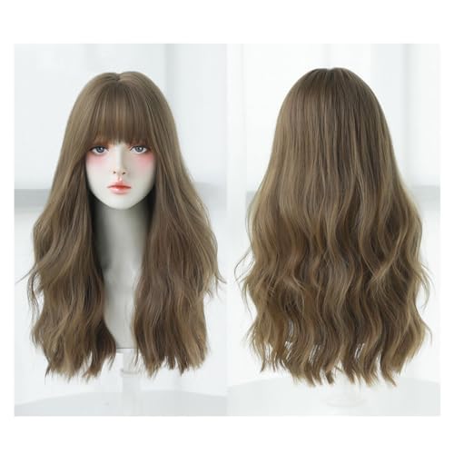 Perücke Mit Pony Natürliche Schwarz Braun Wellige Perücke Frauen Lange Lockige Wellige Perücke Natürlich aussehende hitzebeständige Kunstfaser Perücke, geeignet für Party und Appunt von IMEITE