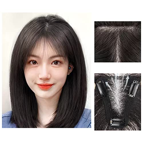 Perücke Mit Pony Pony Perücke Stück Volle Echte Menschliches Haar Patch Flauschig Erhöhen Haar Volumen Flauschige Abdeckung Grau Haar Pelucas De Mujer Pelo Humano(13-(8-10)25CM Black) von IMEITE