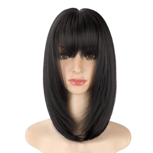 Perücke mit Pony Perücken Damen Kurz Gerade Haar Simuliert Synthetische Perücken für hohe Temperaturen Mittellang und lang Natürliches Schlüsselbeinhaar Luftpony Perücke Set Pelucas De Mujer Pelo von IMEITE