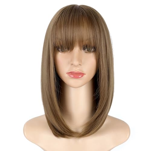 Perücke mit Pony Perücken Damen Kurz Gerade Haar Simuliert Synthetische Perücken für hohe Temperaturen Mittellang und lang Natürliches Schlüsselbeinhaar Luftpony Perücke Set Pelucas De Mujer Pelo von IMEITE