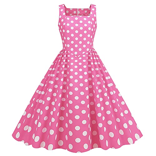 1950er Jahre Retro Kleid für Damen Polka Dot Vintage Swing Cocktailkleid Abendkleid A Linie Ärmellos Plissee Rock Festlich Partykleid Hochzeit Gast Prom Ballkleid Rosa S von IMEKIS