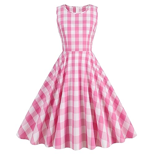 1950er Jahre Rockabilly Kleid für Damen Kariert Vintage Cocktailkleid A Linie Ärmellos Faltenrock Retro Swing Abendkleid Festlich Partykleid Hochzeitsgast Ballkleid Rosa XXL von IMEKIS