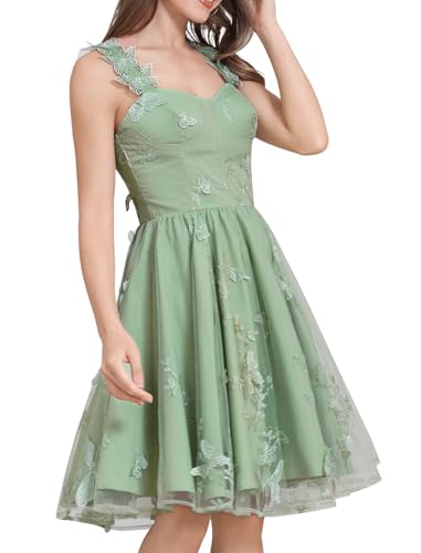 Abendkleid Damen 1950er Jahre Vintage Rockabilly Kleid Ärmellose Schmetterling Stickerei Mesh Swing Kleid Elegante Hochzeit Cocktailkleid Partykleid Grün XL von IMEKIS
