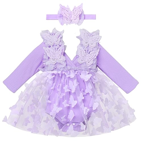 Baby M?dchen Strampler Kleid Geburtstag Fotoshooting Outfit Blume Gerippte R?sche T?llkleid Langarm V-Ausschnitt Body Tutu Rock mit Stirnband 2tlg Herbst Winter Bekleidungset Lila 6-12 Monate von IMEKIS