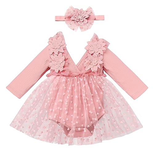 Baby M?dchen Strampler Kleid Geburtstag Fotoshooting Outfit Blume Gerippte R?sche T?llkleid Langarm V-Ausschnitt Body Tutu Rock mit Stirnband 2tlg Herbst Winter Bekleidungset Rosa-Herz 6-12 Monate von IMEKIS