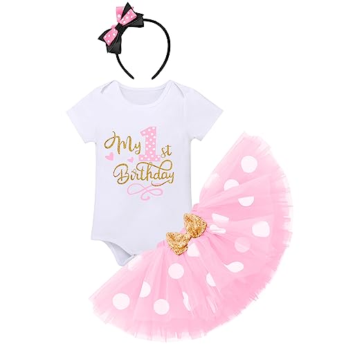 Baby Mädchen 1./2. Geburtstag Outfit Prinzessin Minnie Polka Dot Kostüm Kurzarm Strampler Top Shirt + Pailletten Bowknot Tüll Tutu + Maus Ohr Stirnband Kleinkind Fotoshooting Requisiten Rosa 1. 1 Jahr von IMEKIS