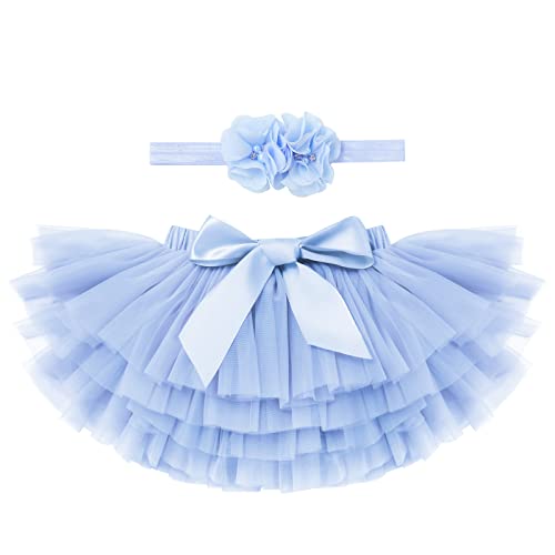 Baby Mädchen Tutu Kleid Kleinkind Prinzessin Regenbogen Geschichtete Tüllrock Pumphose Windel Überzug mit Blumenstirnband 2 Stück Geburtstagsparty Outfit für Fotografie Requisiten Blau 18-24 Monate von IMEKIS