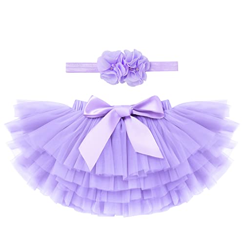 Baby Mädchen Tutu Kleid Kleinkind Prinzessin Regenbogen Geschichtete Tüllrock Pumphose Windel Überzug mit Blumenstirnband 2 Stück Geburtstagsparty Outfit für Fotografie Requisiten Lila 6-12 Monate von IMEKIS