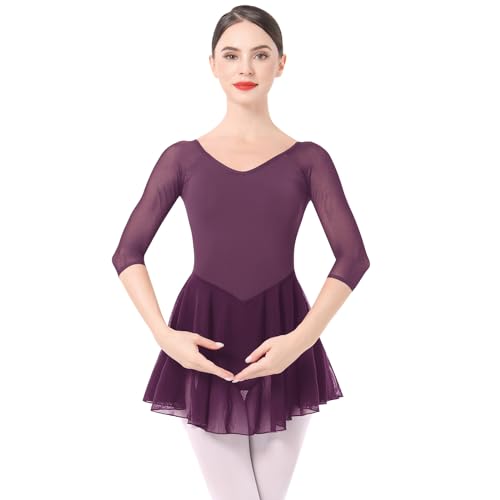 Ballettkleidung Damen Ballett Tanzkleid 3/4 Ärmel Ballettanzug Gymnastik Tanztrikot mit Chiffon Rock Ballettkleid Ballerina Tanzkleidung Fuchsia XL von IMEKIS