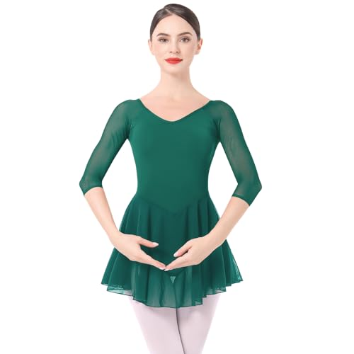 Ballettkleidung Damen Ballett Tanzkleid 3/4 Ärmel Ballettanzug Gymnastik Tanztrikot mit Chiffon Rock Ballettkleid Ballerina Tanzkleidung Grün XL von IMEKIS