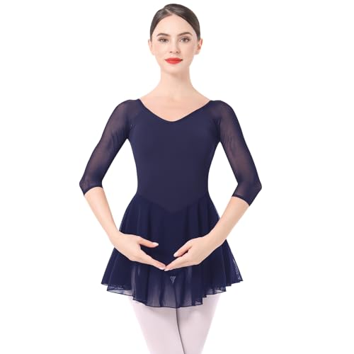IMEKIS Ballettkleidung Damen Ballett Tanzkleid 3/4 Ärmel Ballettanzug Gymnastik Tanztrikot mit Chiffon Rock Ballettkleid Ballerina Tanzkleidung Marineblau L von IMEKIS