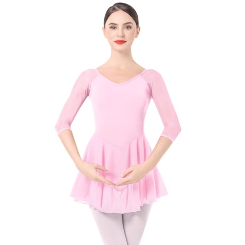 Ballettkleidung Damen Ballett Tanzkleid 3/4 Ärmel Ballettanzug Gymnastik Tanztrikot mit Chiffon Rock Ballettkleid Ballerina Tanzkleidung Rosa L von IMEKIS