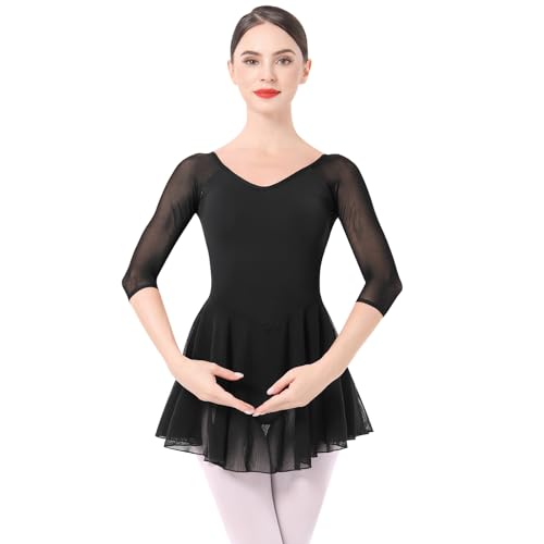 Ballettkleidung Damen Ballett Tanzkleid 3/4 ?rmel Ballettanzug Gymnastik Tanztrikot mit Chiffon Rock Ballettkleid Ballerina Tanzkleidung Schwarz M von IMEKIS