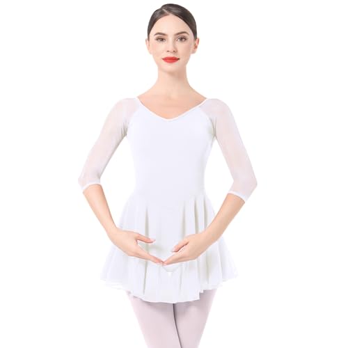 IMEKIS Ballettkleidung Damen Ballett Tanzkleid 3/4 ?rmel Ballettanzug Gymnastik Tanztrikot mit Chiffon Rock Ballettkleid Ballerina Tanzkleidung Wei? S von IMEKIS