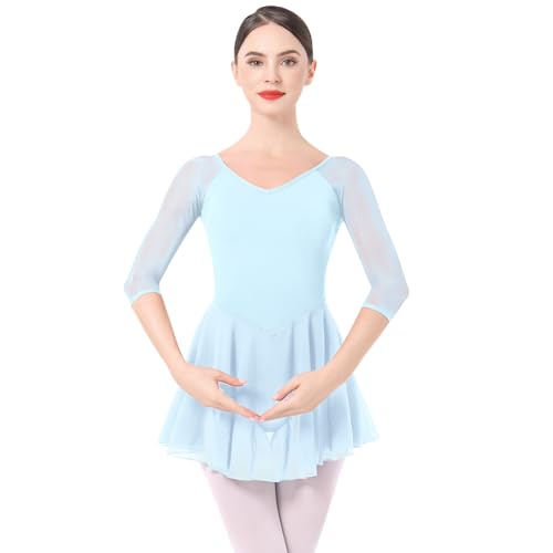 Ballettkleidung Damen Ballett Tanzkleid 3/4 ?rmel Ballettanzug Gymnastik Tanztrikot mit Chiffon Rock Ballettkleid Ballerina Tanzkleidung Blau XL von IMEKIS