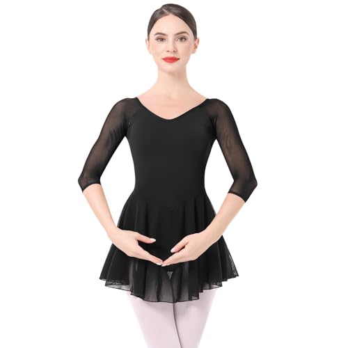 Ballettkleidung Damen Ballett Tanzkleid 3/4 �rmel Ballettanzug Gymnastik Tanztrikot mit Chiffon Rock Ballettkleid Ballerina Tanzkleidung Schwarz L von IMEKIS
