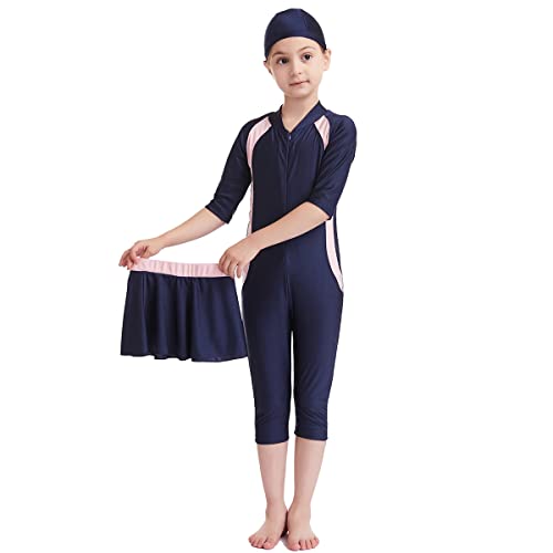 Bescheidene Muslimische Bademode für Mädchen UPF 50+ UV Islamischer Hijab Burkini Halber Ärmel Einteiliger Rash Guard Badeanzug mit Rock Badekappe 3-teiliger Schwimmanzug von IMEKIS