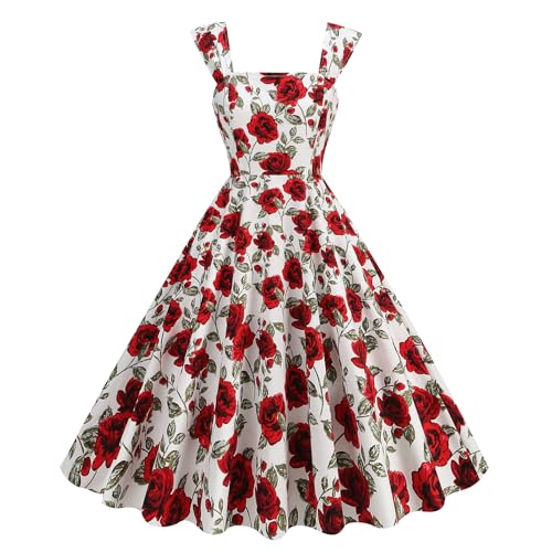 Cocktailkleid Damen 1950er Jahre Rockabilly Kleid �rmellos Mango Erdbeere Kirsche Blumendruck Swing Kleid A-Linie Vintage Tea Partykleider Rot XXL von IMEKIS