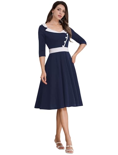 Cocktailkleid Damen 1950er Jahre Vintage Kleid 3/4 Ärmel Audrey Hepburn Rockabilly Swing Midi Kleid A-Linie Elegante Hochzeit Partykleid Festlich Abendkleid Marineblau L von IMEKIS