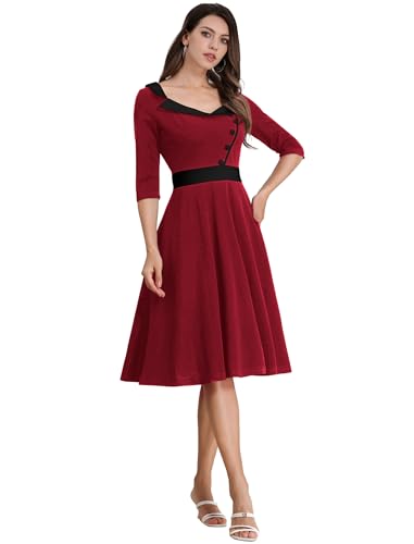 Cocktailkleid Damen 1950er Jahre Vintage Rockabilly Kleid 3/4 �rmel Audrey Hepburn Swing Kleid A-Linie Elegante Hochzeitsfeier Midi Kleid Rot L von IMEKIS