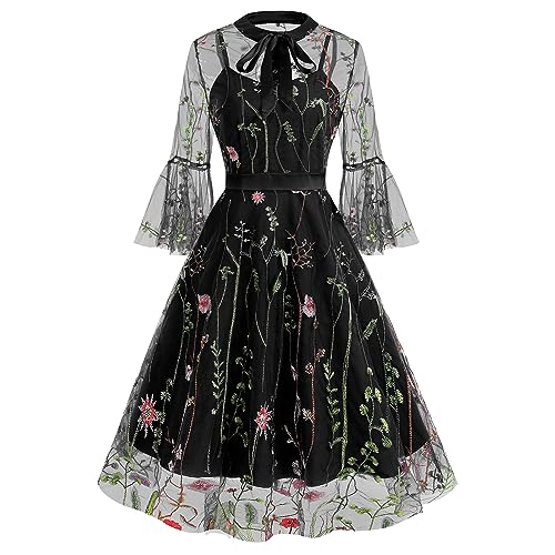 Damen 1950er Jahre Cocktailkleid Vintage Blumenstickerei Kleid A Linie Glockenärmel Rockabilly Swing Faltenrock Elegante Hochzeitsfeierkleid Festlich Ballkleid Schwarz+Blume L von IMEKIS