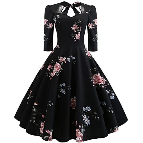 Damen 1950er Jahre Kleid Vintage Cockatilkleid 3/4 Ärmel Neckholder Abendkleid Blumendruck Hochzeitskleid A-Linie Retro Rockabilly Swing Kleid Elegante Knielang Ballkleid Schwarz-Blume XL von IMEKIS