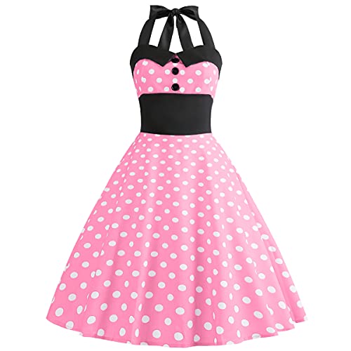 Damen 1950er Jahre Polka Dot Kleid A-Linie Neckholder Blumendruck Vintage Retro Swing Cocktailkleid Abendkleid Knielang Sommer Hochzeit Partykleid Tanz Ballkleid Rosa XX-Large von IMEKIS