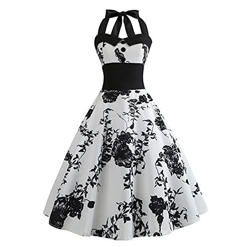 Damen 1950er Jahre Polka Dot Kleid A-Linie Neckholder Blumendruck Vintage Retro Swing Cocktailkleid Abendkleid Knielang Sommer Hochzeit Partykleid Tanz Ballkleid Weiß+Schwarz M von IMEKIS
