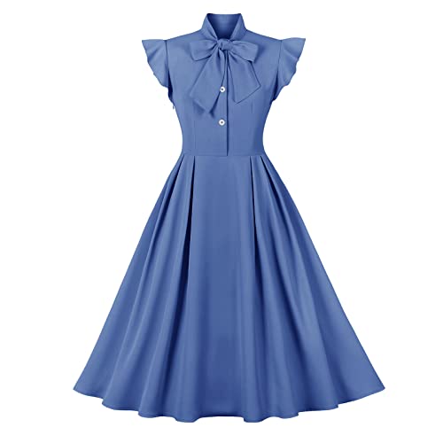 Damen 1950er Jahre Retro Kleid Kurzarm Cocktailkleid Abendkleid A Linie Vintage Swing Faltenrock Knielang Rockabilly Partykleid Blau+Rüsche S von IMEKIS