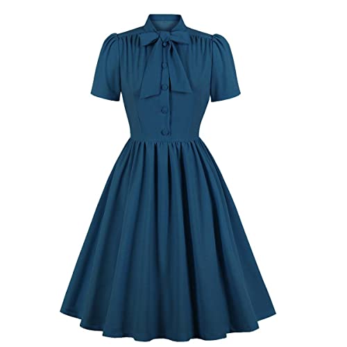 Damen 1950er Jahre Retro Kleid Kurzarm Cocktailkleid Abendkleid A Linie Vintage Swing Faltenrock Knielang Rockabilly Partykleid Blau+Rüsche S von IMEKIS