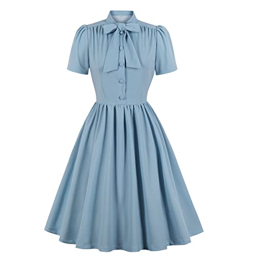 Damen 1950er Jahre Retro Kleid Kurzarm Cocktailkleid Abendkleid A Linie Vintage Swing Faltenrock Knielang Rockabilly Partykleid Blau+Rüsche M von IMEKIS
