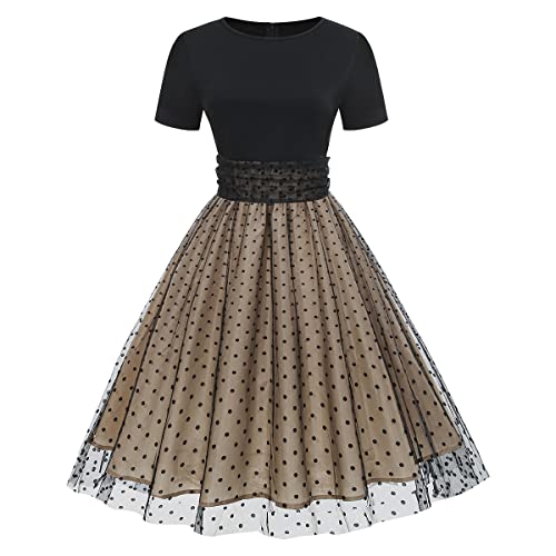 Damen 1950er Jahre Retro Kleid Kurzarm Rundhalsausschnitt Polka Dot Swing Kleid A Linie Faltenrock Knielang Rockabilly Vintage Cocktailkleid Partykleid Aprikose-Dot M von IMEKIS