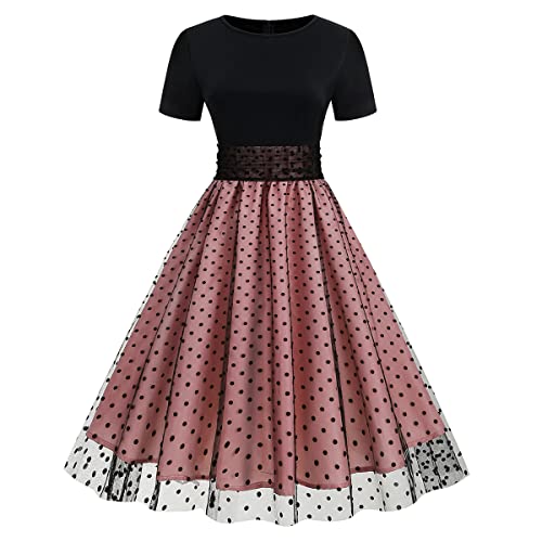 Damen 1950er Jahre Retro Kleid Kurzarm Rundhalsausschnitt Polka Dot Swing Kleid A Linie Faltenrock Knielang Rockabilly Vintage Cocktailkleid Partykleid Rosa-Dot S von IMEKIS