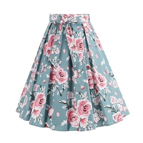 Damen 1950er Jahre Rock A Linie Blumendruck Hohe Taille Faltenrock Rockabilly Tellerrock Vintage Swing Midirock mit G�rtel Knielang Festlich Partyrock Gr�n XL von IMEKIS
