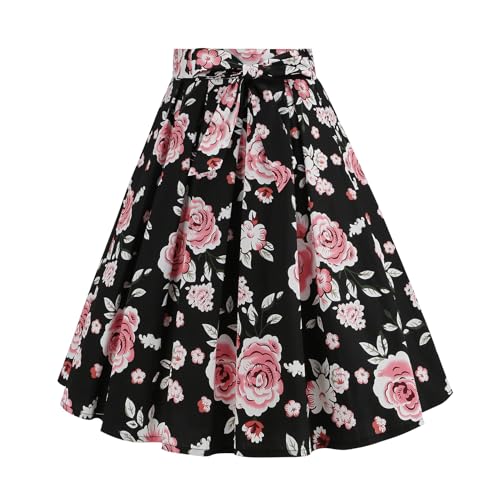 Damen 1950er Jahre Rock A Linie Blumendruck Hohe Taille Faltenrock Rockabilly Tellerrock Vintage Swing Midirock mit G�rtel Knielang Festlich Partyrock Schwarz XL von IMEKIS