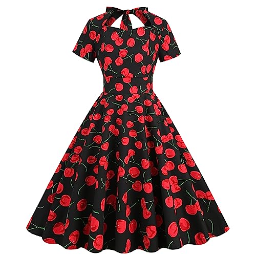 Damen 1950er Jahre Rockabilly Kleid A-Linie Kurzarm Kirsche Festlichskleid Cutout Bowtie Vintage Cocktailkleid Elegante Hochzeit Partyleid Retro Swing Abendkleid Schwarz+Rot XXL von IMEKIS