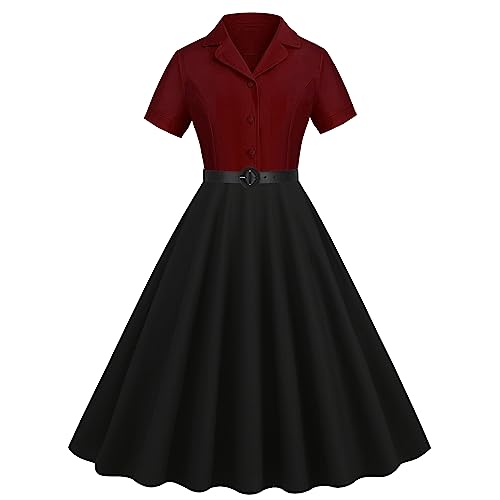 Damen 1950er Jahre Rockabilly Kleid Kontrast Farbe Retro Vintage Cocktailkleid Kurzarm V Ausschnitt Swing Kleid mit Gürtel A-Linie Festlich Partykleid Weinrot L von IMEKIS