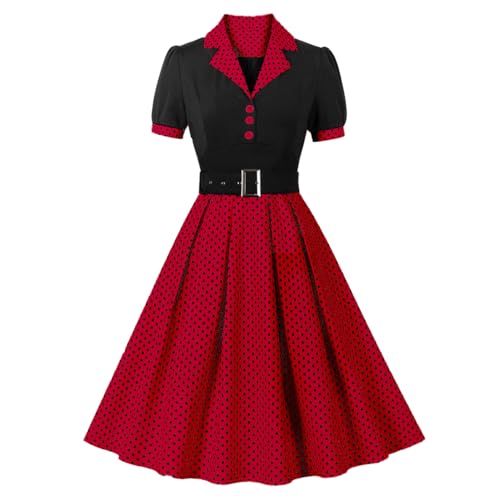 Damen 1950er Jahre Rockabilly Kleid Kurzarm Polka Dots Gestreift Cocktailkleid A-Linie Retro Vintage Abendkleid Festlich Partykleid mit Gürtel Rot M von IMEKIS