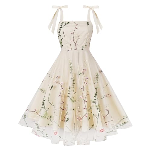 Damen 1950er Jahre Vintage Cocktail Kleid A-Linie Ärmellos Blume Stickerei Mesh Swing Kleid Elegante Hochzeit Partykleid Festlich Ballkleid Aprikose-Grün XXL von IMEKIS